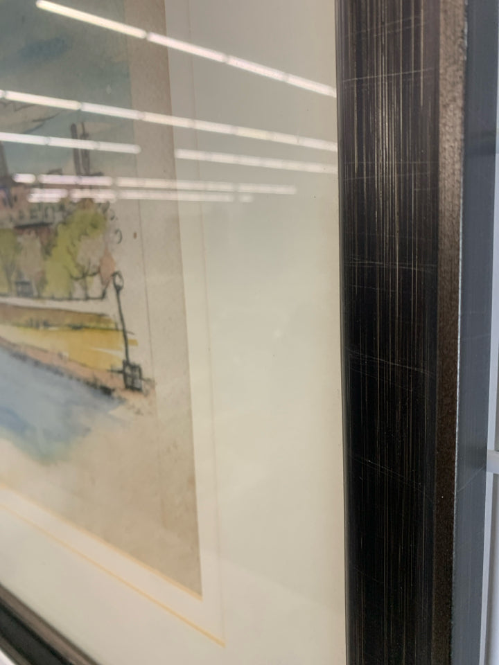 WATERWAY LANDSCAPE PRINT IN BLACK FRAME.