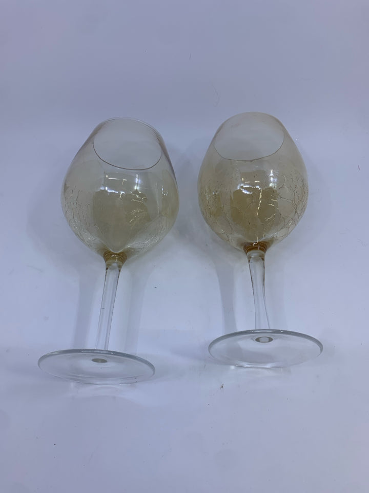 2 ORANGE CRACKLE GLASS LARGE WINE GOBLET.