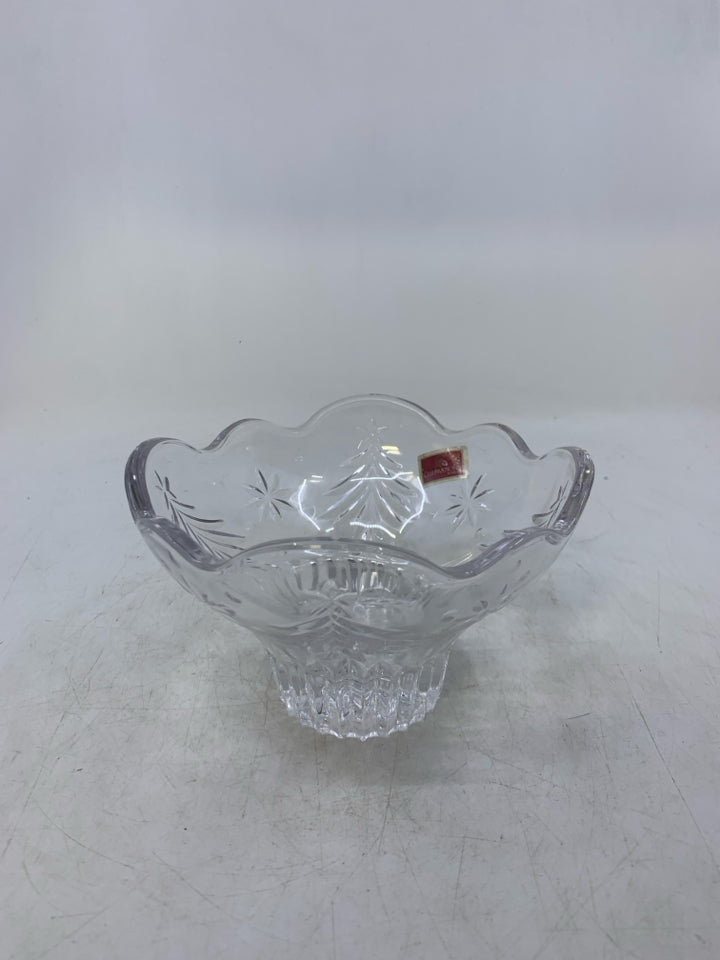 FOOTED GLASS CANDY DISH W/ ETCHED TREES CELEBRATIONS.