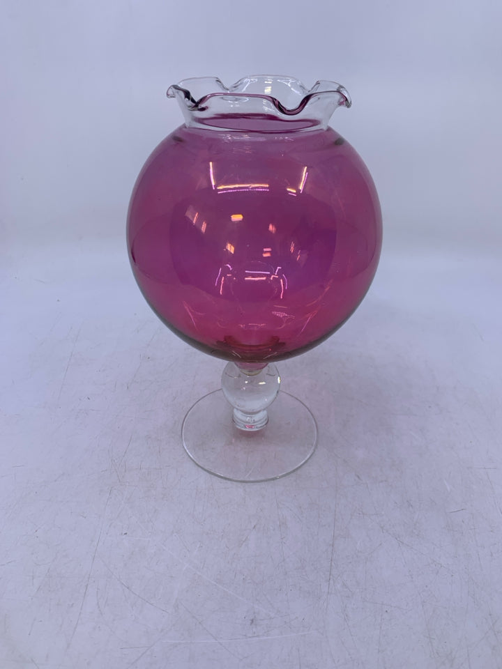 FOOTED VASE W/ PINK SPHERE TOP RUFFLED EDGE.