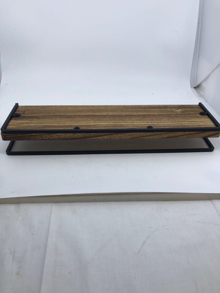 WOOD WALL SHELF W/ BLACK METAL.