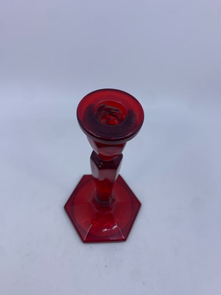 VTG RED GLASS TAPER CANDLE HOLDER.