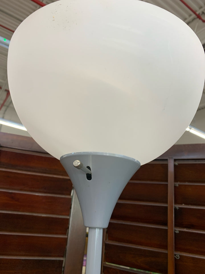 TALL SILVER FLOOR LAMP WHITE GLOBE.
