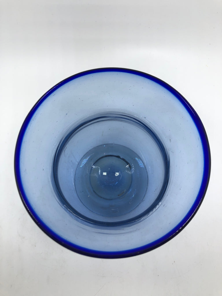 BLUE GLASS HURRICANE VASE.