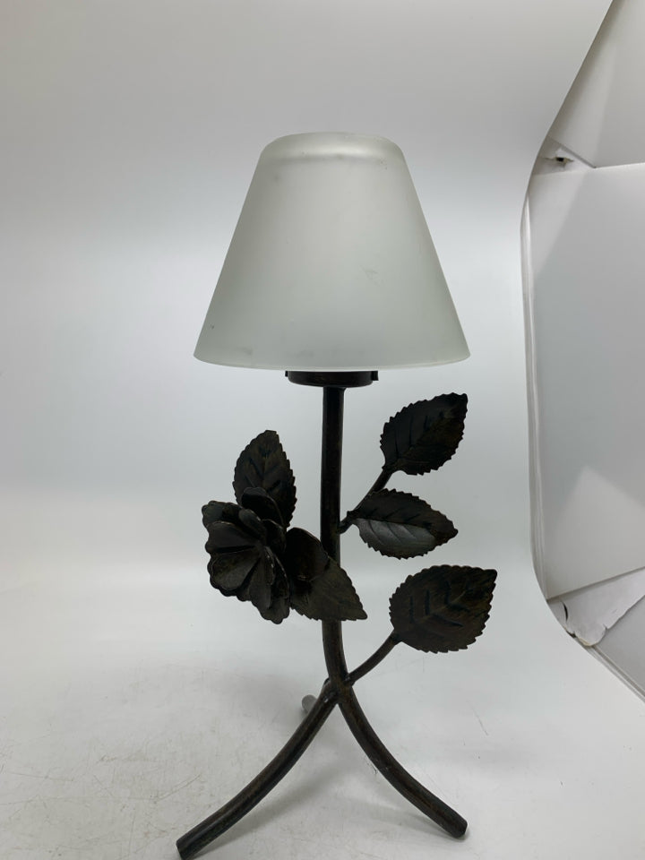 FOOTED METAL BASE W/ FLOWERS LEAVES FROSTED CANDLE SHADE TEALIGHT HOLDER.