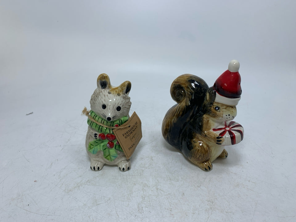 SQUIRREL HOLDING CANDY CANE & GREY MOUSE W/ GREEN SCARF SALT/PEPPER SHAKERS.