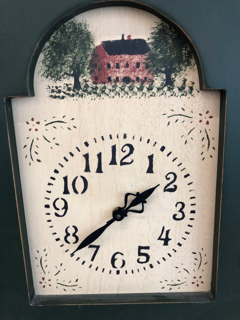 HAND-PAINTED GREEN PRIMITIVE CLOCK.