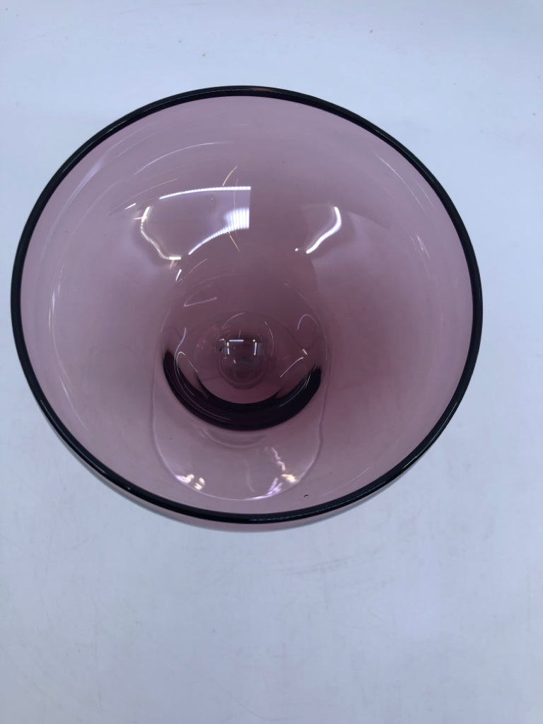 2 PURPLE GLASS MARGARITA GLASSES W/ CLEAR STEMS.