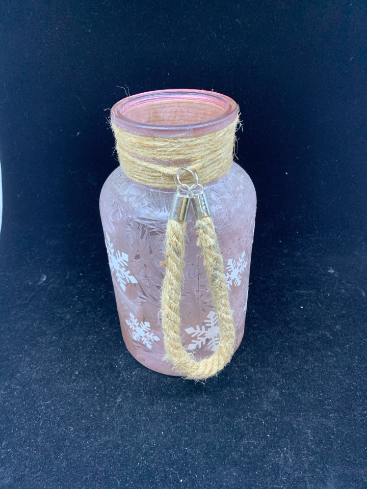 PINK FROSTED GLASS VASE W/ SNOWFLAKES TWINE WRAPPED NECK/HANDLE.