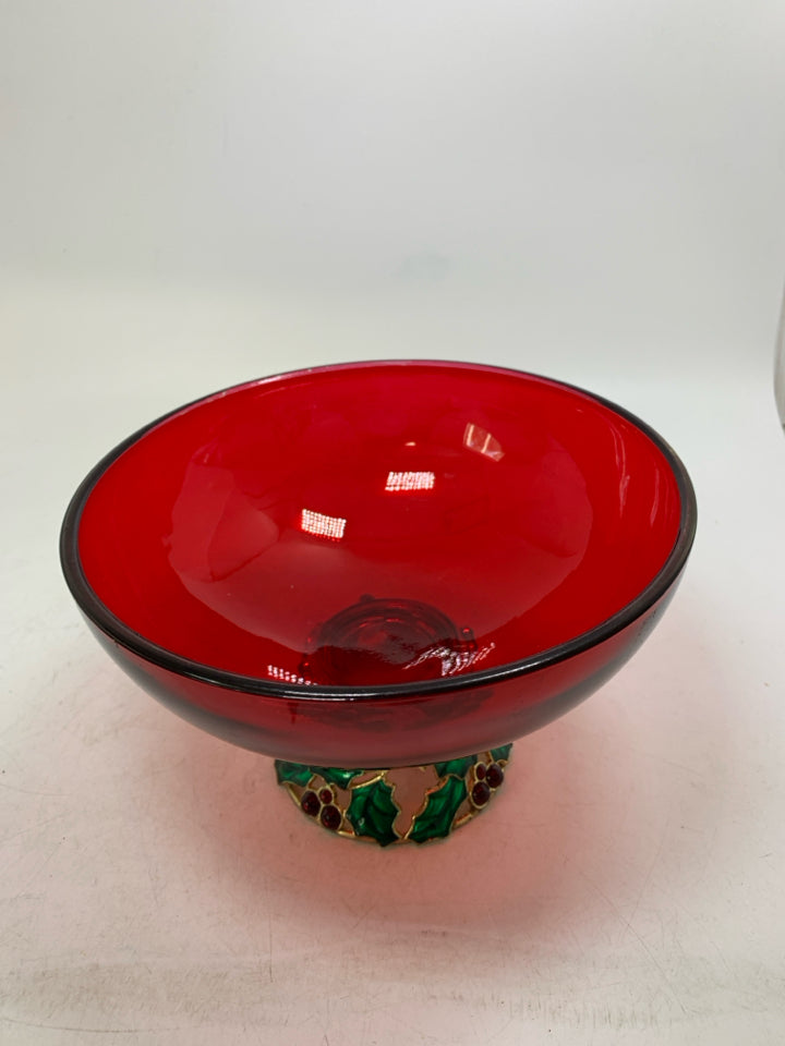 TELEFLORA RED GLASS PEDESTAL BOWL W/ ENAMELED HOLLY BERRY.