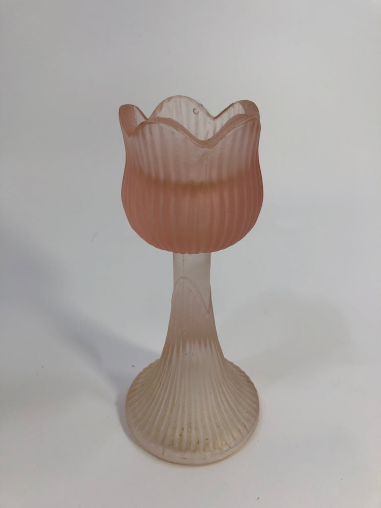 VTG PINK TINTED FROSTED FLOWER CANDLE HOLDER.