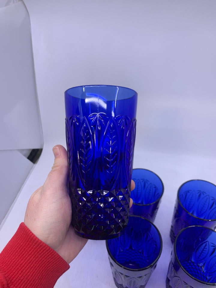 6 COBALT BLUE EMBOSSED DESIGNS GLASSES.