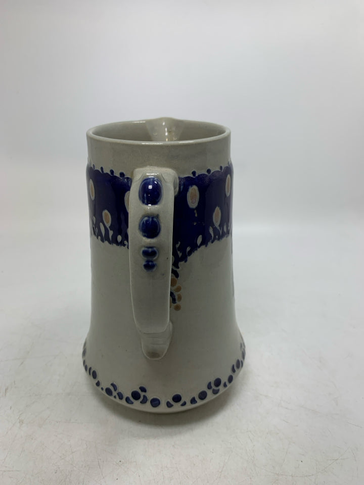 VTG REINHOLD MERKELBACH GERMAN SALT GLAZE PITCHER W/ BLUE DETAILS.