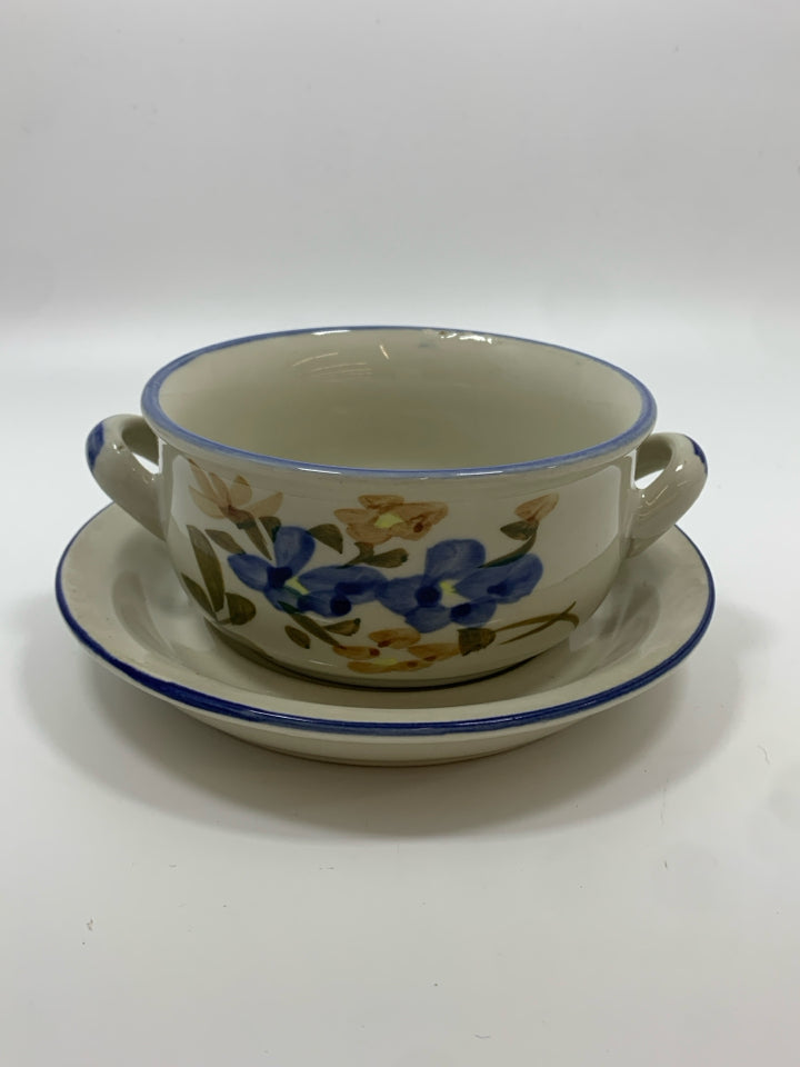 SVC FOR 7 VTG BLUE FLORAL DOUBLE HANDED STONEWARE SOUP BOWL W/SAUCER.