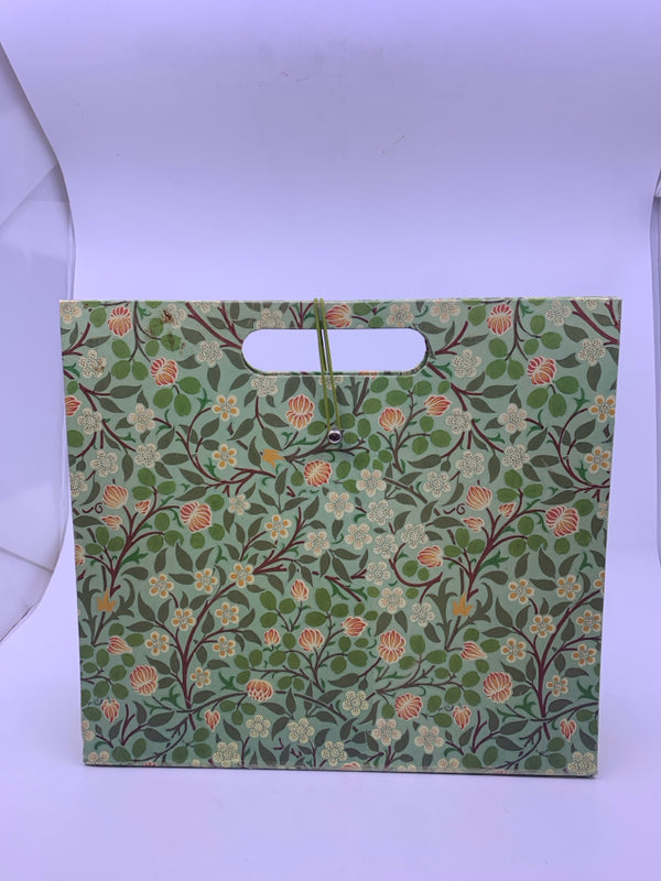 PAPER TRAVEL FILE CLUTCH W/ GREEN WHITE FLOWERS BROWN BRANCHES.