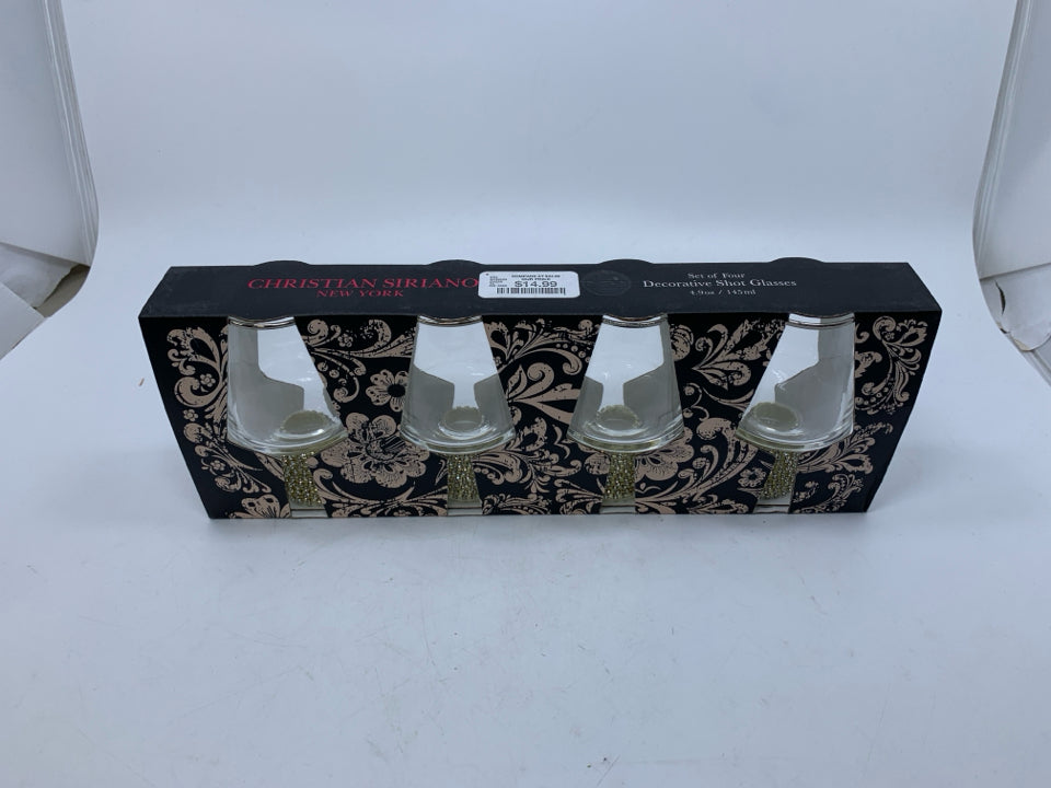NIB 4 JEWELED STEM SHOT GLASSES.