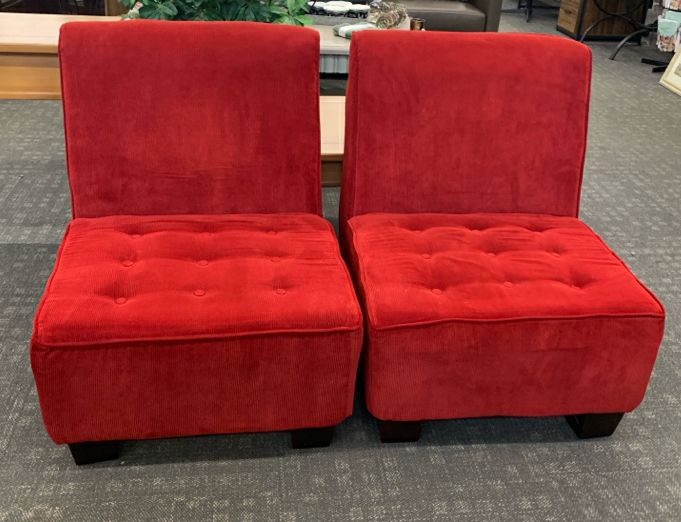 2 RED CORDUROY ARMLESS ACCENT CHAIRS.