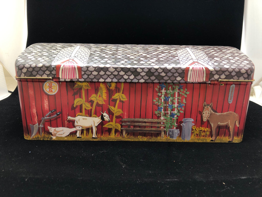 BARN SHAPED STORAGE TIN.