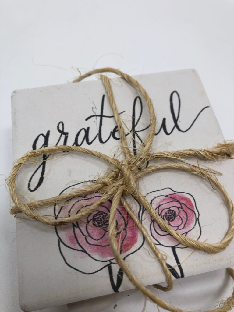 4 PINK ROSE GRATEFUL CERAMIC COASTERS.