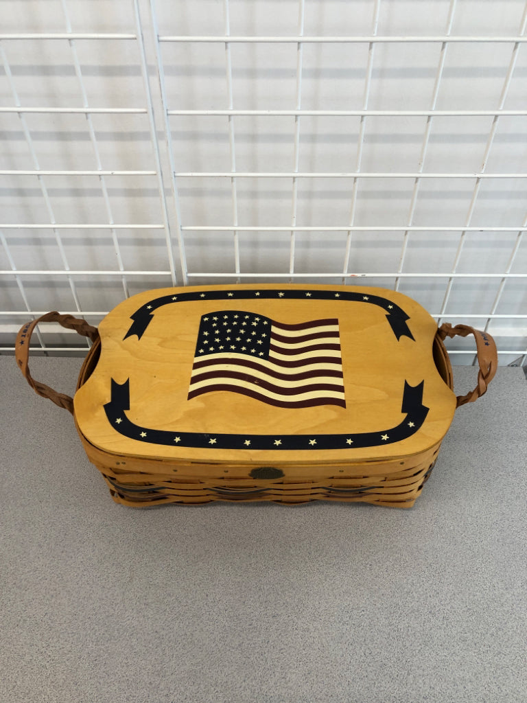 SERVING BASKET W/AMERICAN FLAG LID AND PLASTIC INSERT.