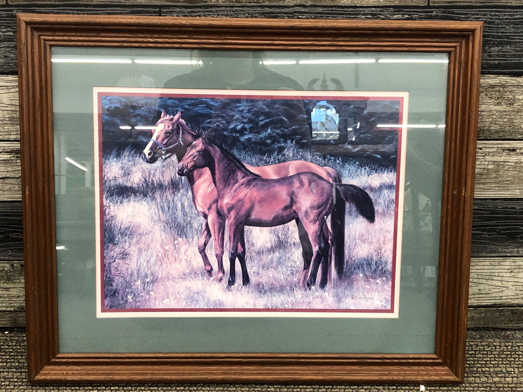 HORSES PRINT IN BROWN FRAME.