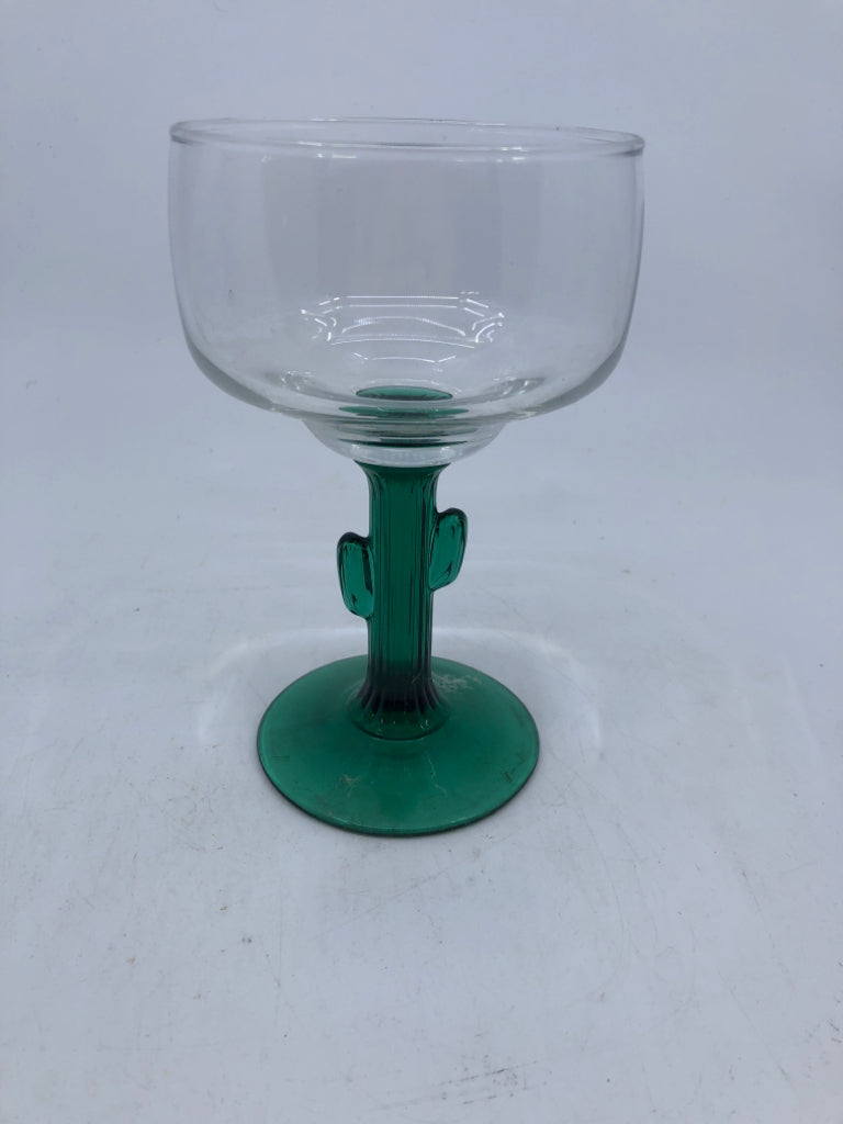 4 MARGARITA GLASSES W/ GREEN CACTUS STEMS.