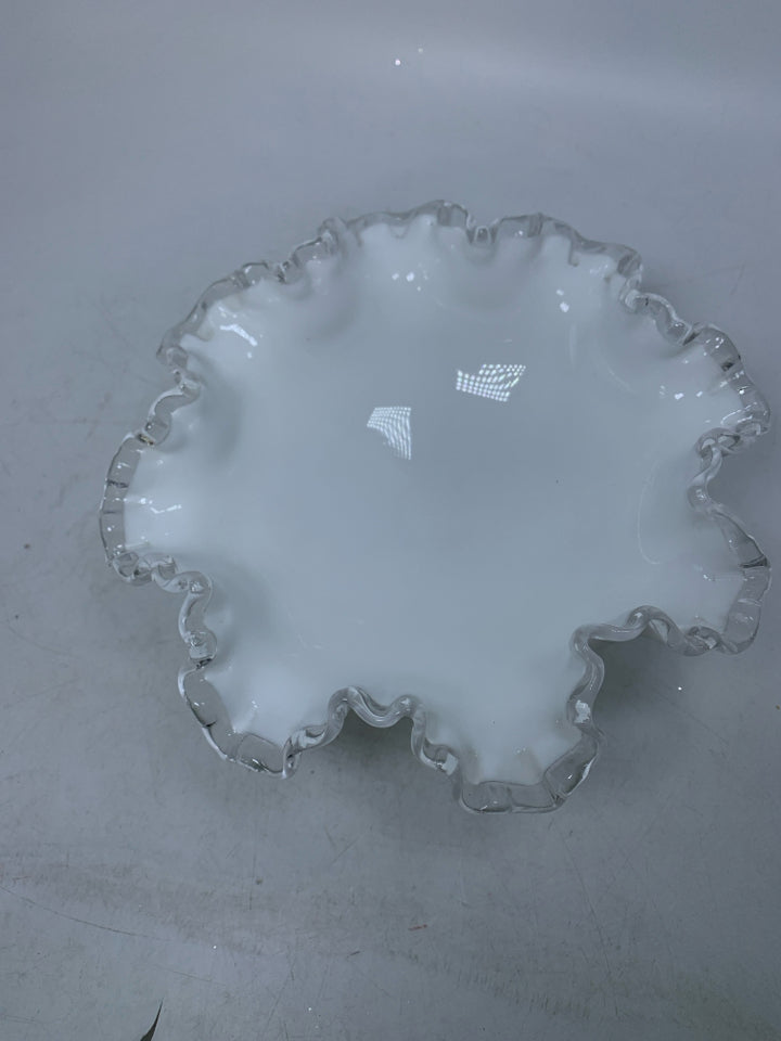 FOOTED MILK GLASS BOWL W/ RUFFLED EDGE.
