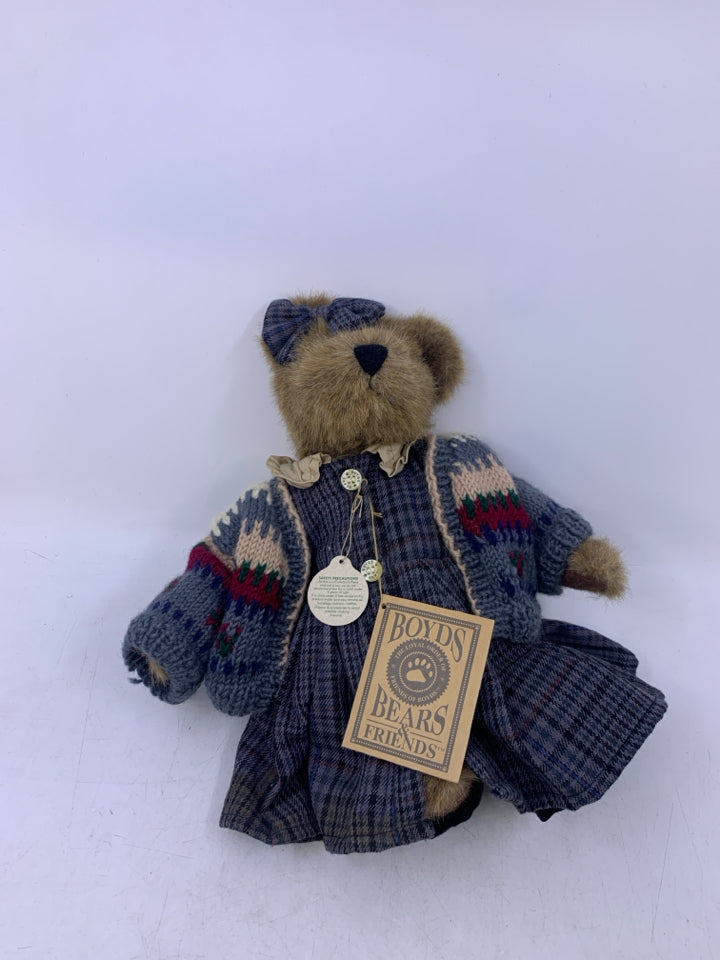 LIGHT BROWN BEAR W/ PLAID DRESS/SWEATER ON BOYDS BEAR.