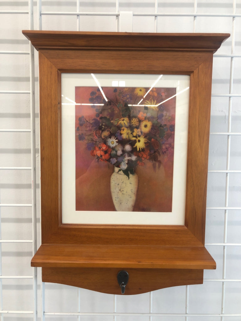 TEAK WOOD FRAME SHELF W/HOOK & VASE OF FLOWERS PRINT.