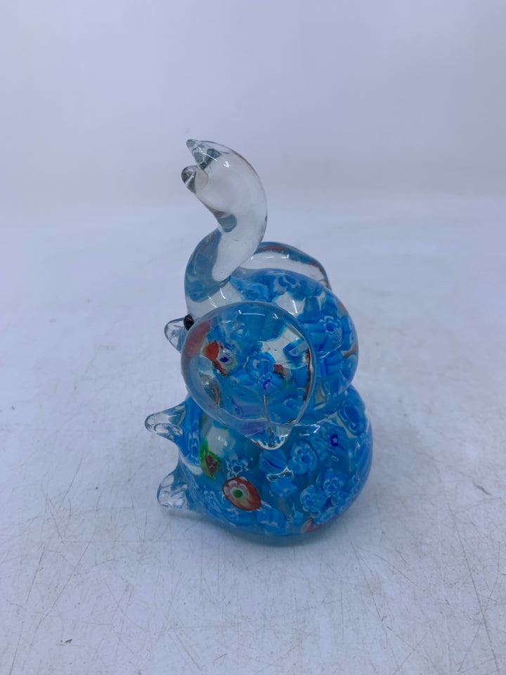 BLUE SITTING ELEPHANT W/ TRUNK UP.