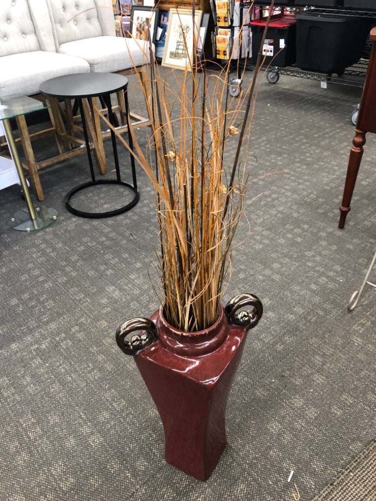 RED FLOOR VASE W/FAUX GRASS 42"