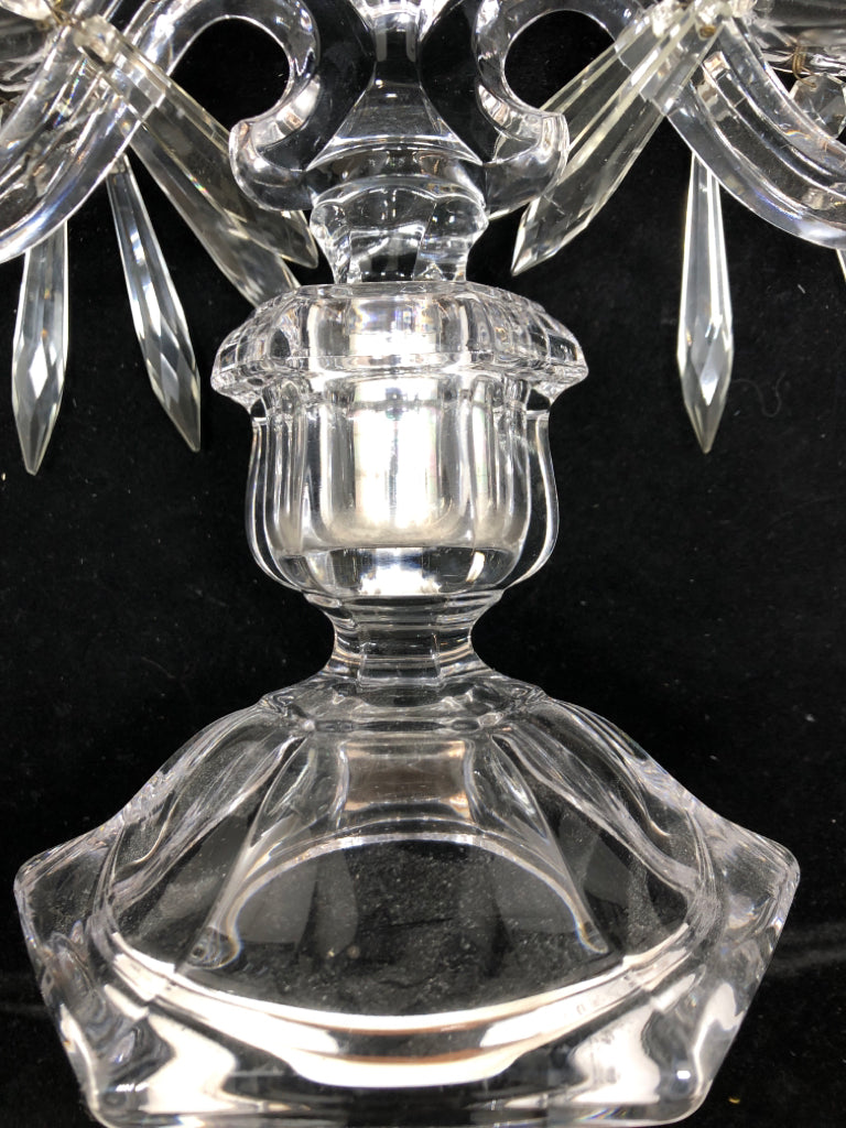 DOUBLE GLASS CANDELABRA W/DANGLING GEMS & GREEN CANDLES.