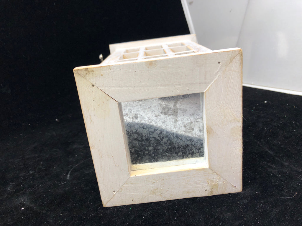 WHITE DISTRESSED LANTERN W/ COPPER ROOF LEATHER HANDLE.