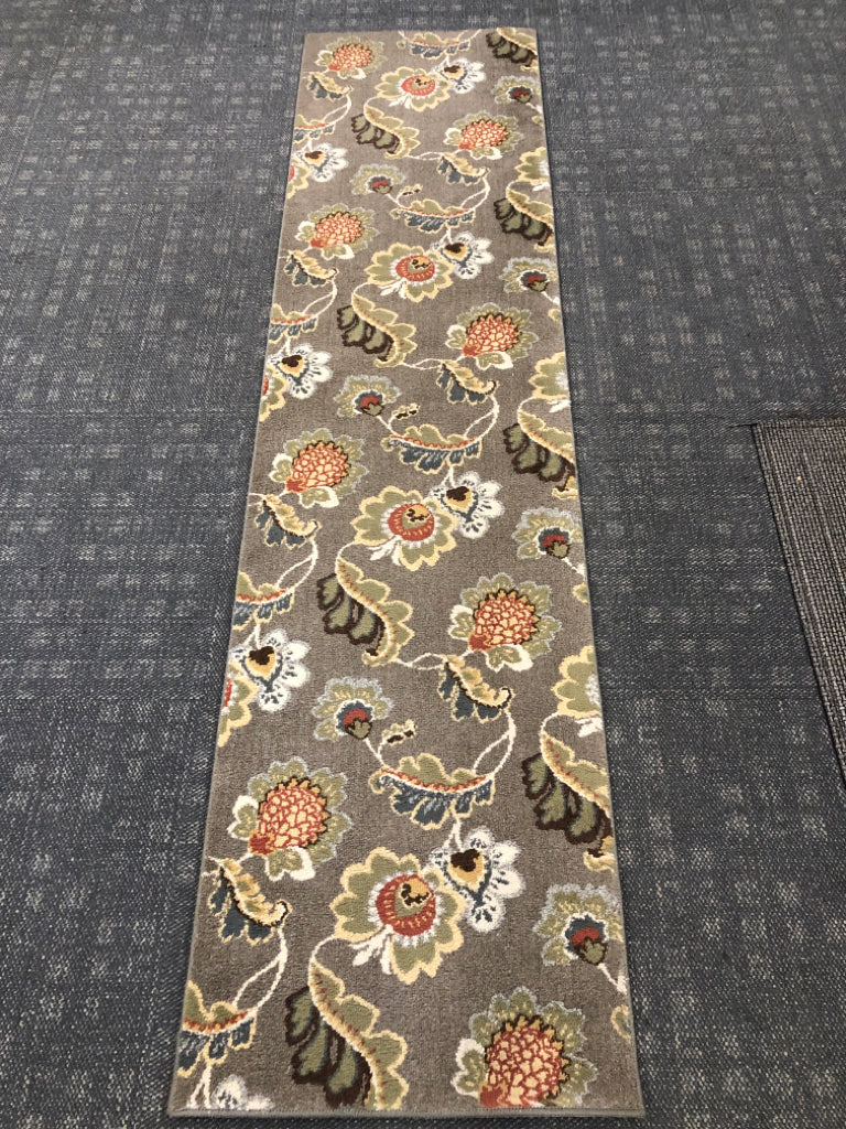 GRAY FLORAL RUNNER RUG.