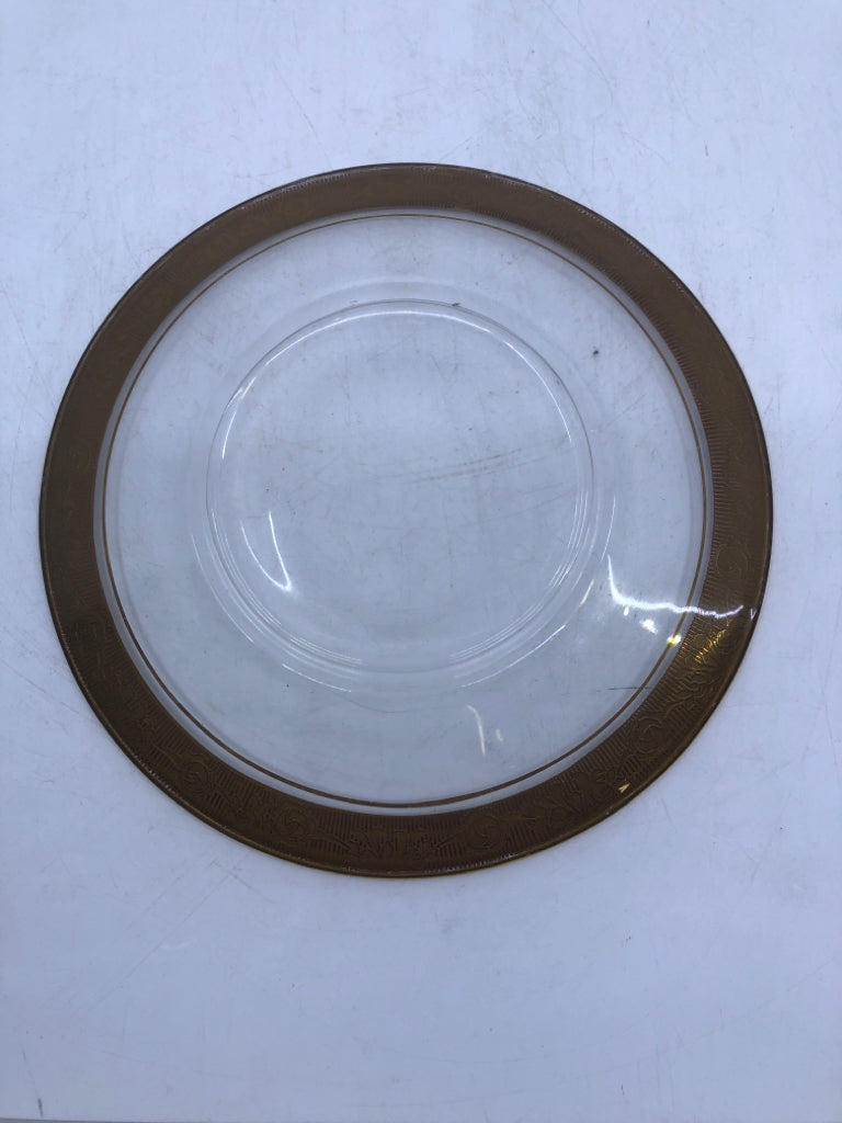 10 VTG DESSERT PLATES W GOLD ETCHED ROSE PATTERN RIM.