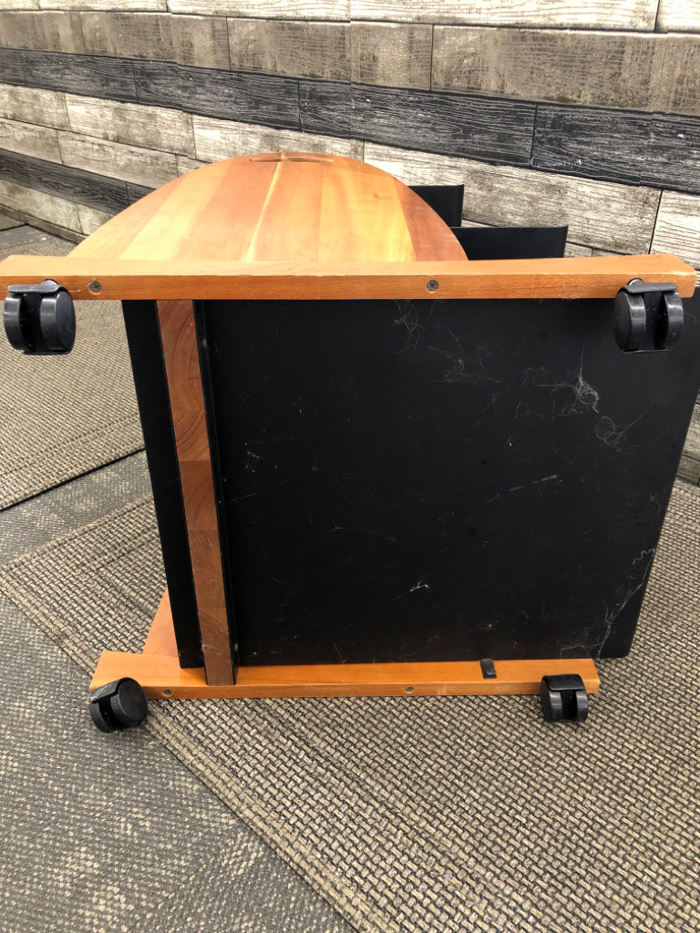 BLACK 3 TIER BOOKCASE ORGANIZER ON WHEELS.