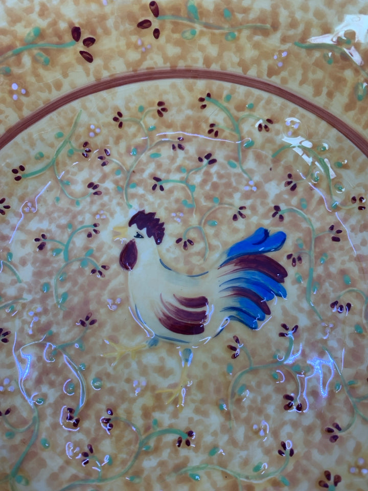 LARGE YELLOW/ORANGE/GREEN SERVING BOWL W/ ROOSTER IN CENTER.