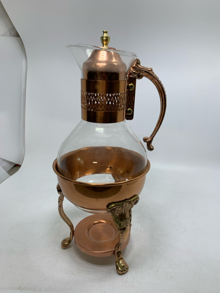 VTG GLASS + COPPER COFFEE POT WITH WARMING STAND.