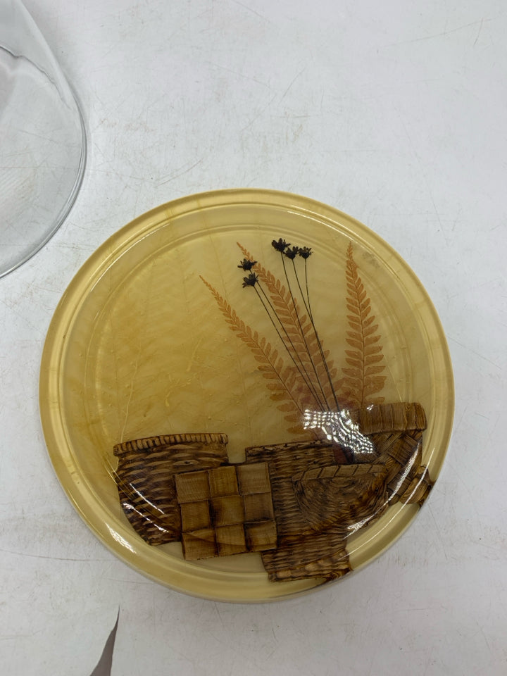 RESIN BASE W/ BASKETS & FLOWERS GLASS DOME COVER CAKE PLATE.