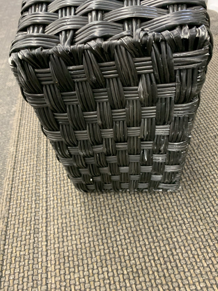 BLACK WOVEN STORAGE HAMPER W/FLAP LID.