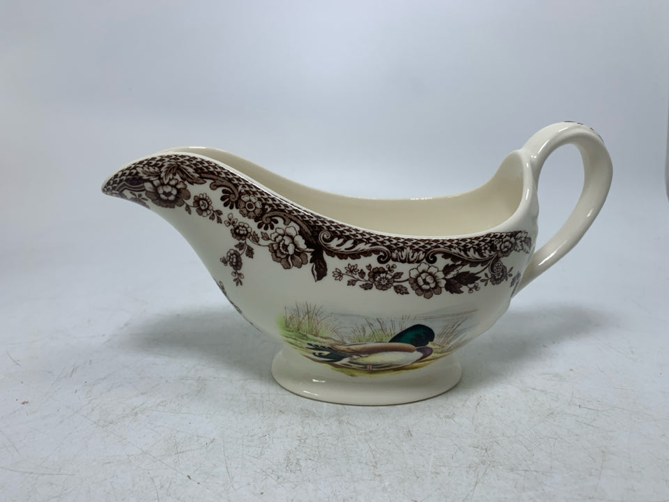 SPODE WOODLAND GRAVY BOAT W/ MALLARD DUCK & SNIPE BIRD BROWN FLORAL BOARDER.