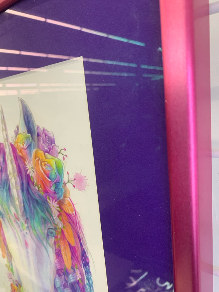 WATERCOLOR UNICORN IN PINK METAL FRAME.
