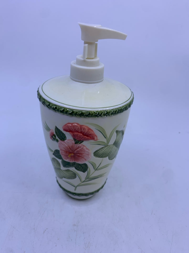 4 TROPICAL FLORAL BATHROOM SET- SOAP DISPENSER, SOAP DISH, TOOTHBRUSH HOLDER, SM