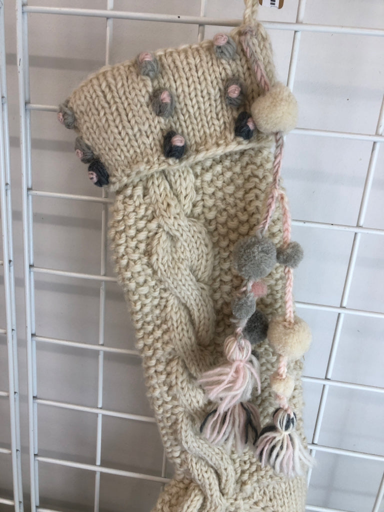 WHITE KNIT GREY/PINK POMS HOLIDAY STOCKING.