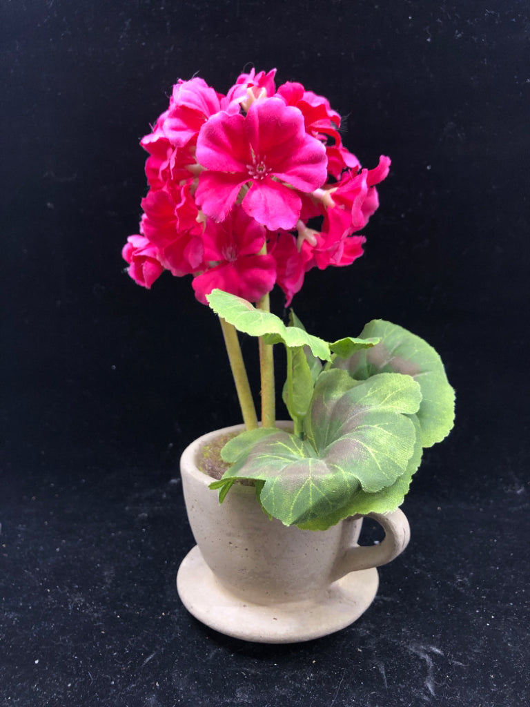 CEMENT TEACUP PLANTER W FAUX PINK FLORAL.