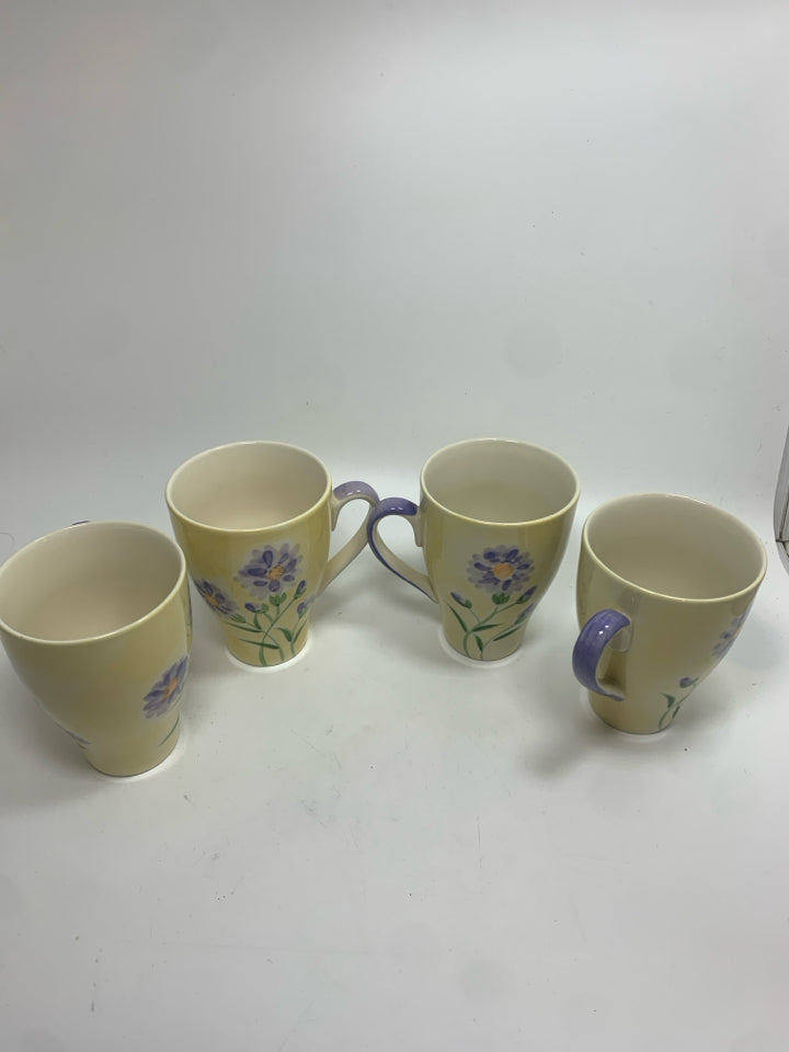 4 PURPLE FLOWER PAINTED COFFEE MUGS.