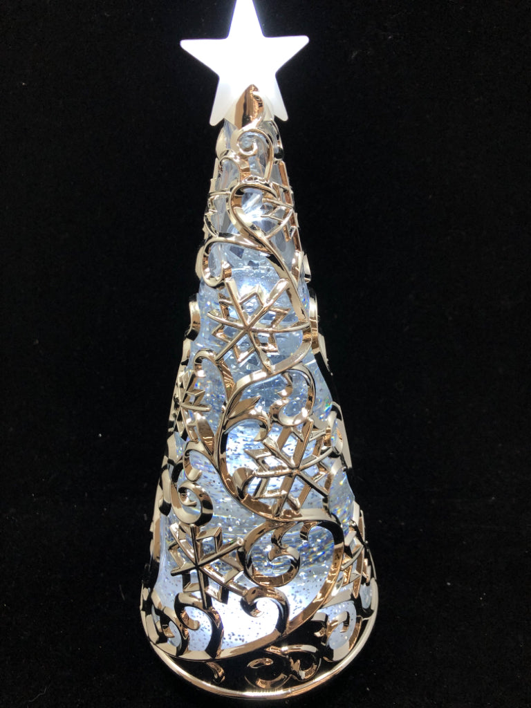 LIGHT UP SILVER CHRISTMAS TREE SNOW GLOBE.