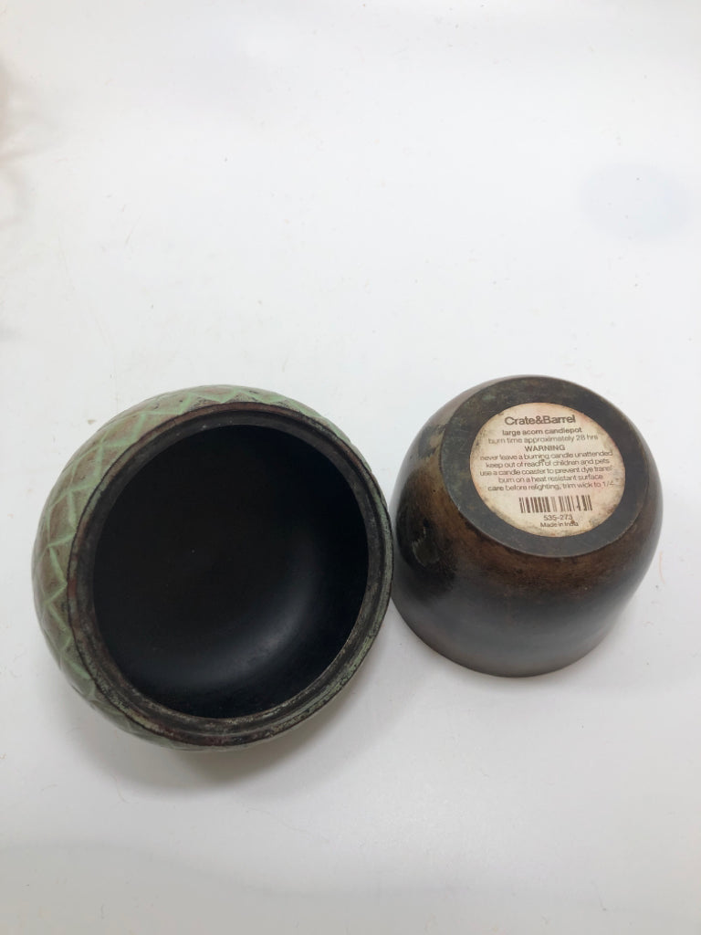 CRATE AND BARREL METAL ACORN JAR.