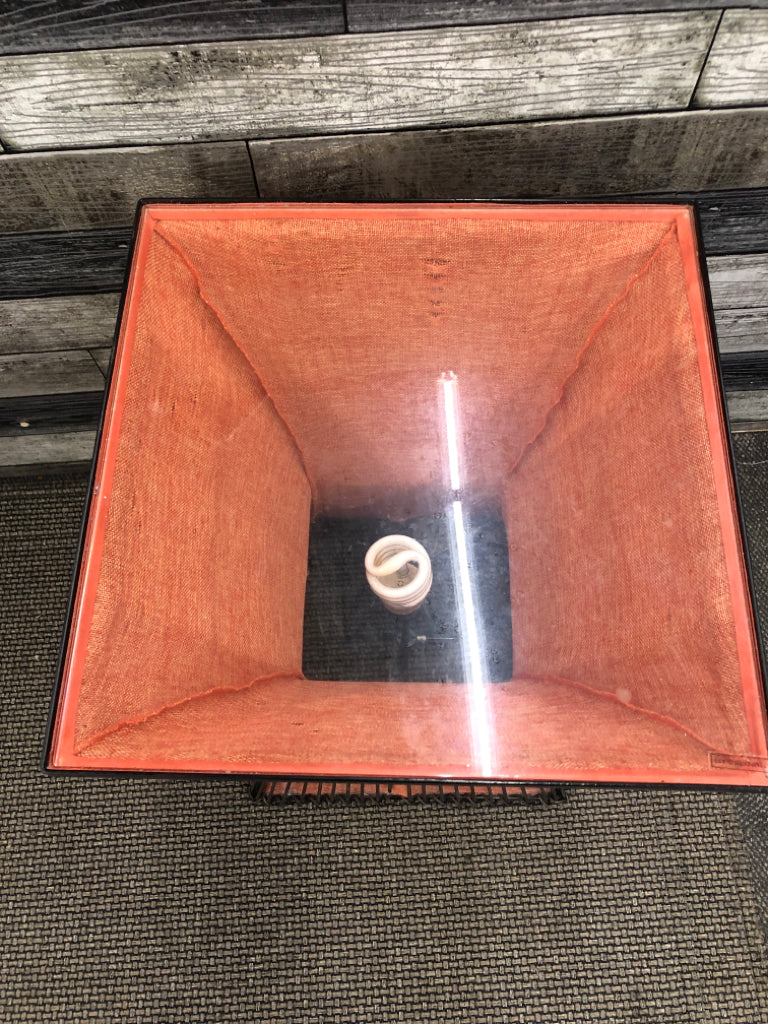 BURNT ORANGE FABRIC BASE W/ BLACK WICKER CAGE GLASS TOP SQUARE TABLE/LAMP.