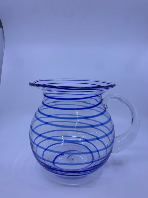 BLOWN GLASS PITCHER W/ BLUE STRIPES IN GLASS.